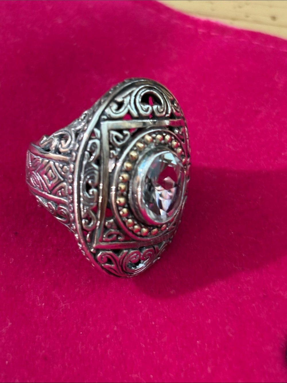 Phillip Gavriel Intricate Silver-Tone Filigree Ring with green Gemstone